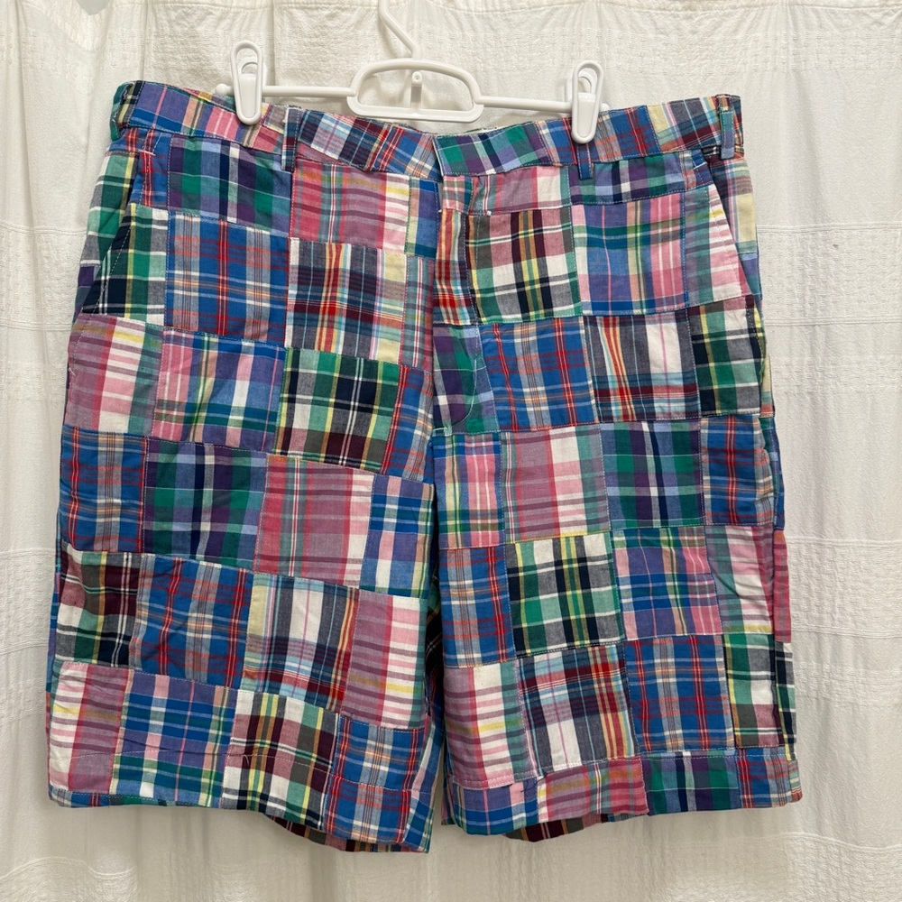 English Sports Shop Bermuda Plaid Patchwork Men's 38 Shorts Handwoven Flat Front